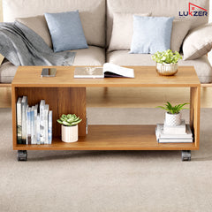 Lukzer Engineered Wood Center Table with Wheels Open Storage Desk (CT-003/Oak Brown)
