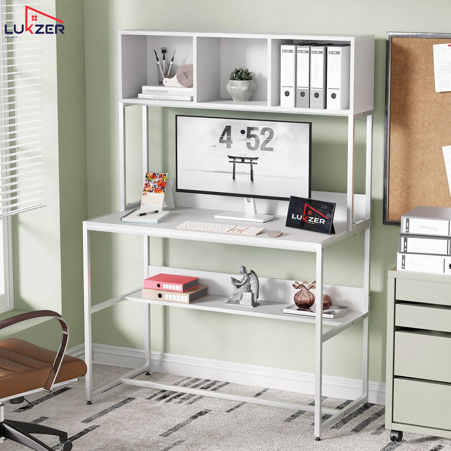 Lukzer Wooden & Metal Study Desk with 3 Storage Shelf & Open Bookshelf for Home (MST-011/White & White)