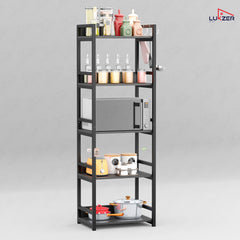 Lukzer 5-Tier Multipurpose Metal & Wood Kitchen Storage Rack (MKR-005/Black & Black)