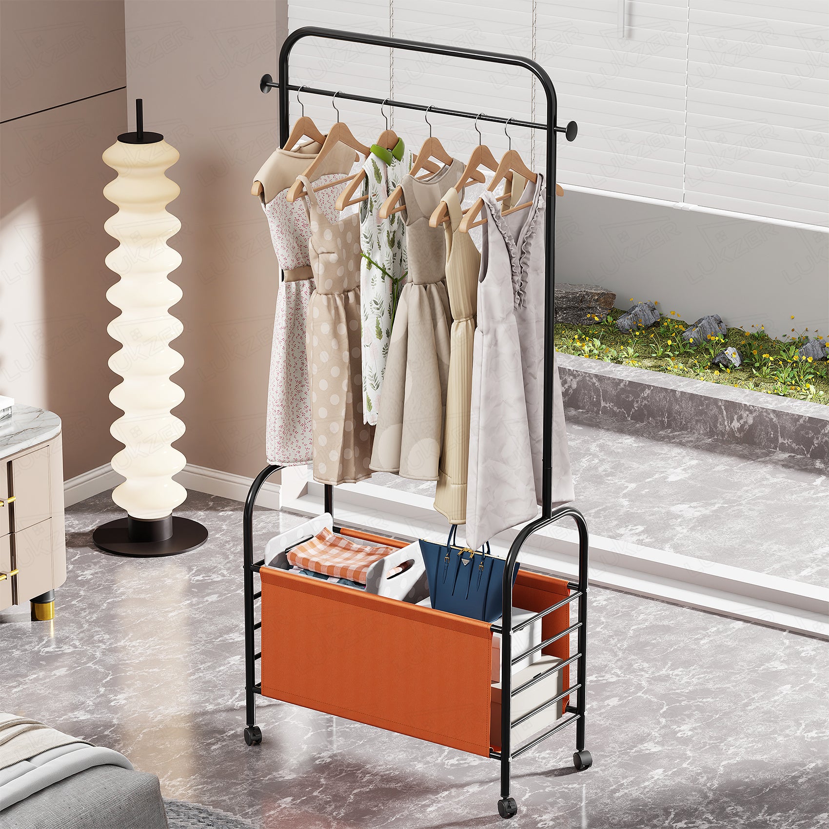 Lukzer Metal Clothes Rail Stand with 4 Side Hooks &amp; 1-Tier Leather Storage Bin, 360° Rotating Wheels | Garment Rack Organizer for Bedroom, Closet, Dorm, Laundry | MGR-009 (171 x 75 x 35)