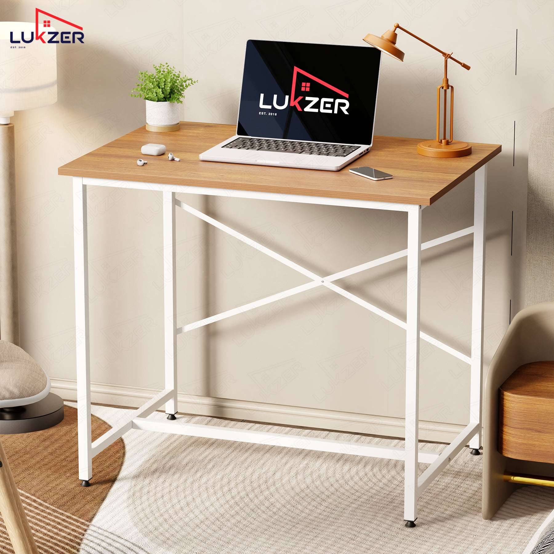 Lukzer X-Support Metal Frame & Engineered Wood Study Table for Home & Office (MST-008) white &  Oak Brown
