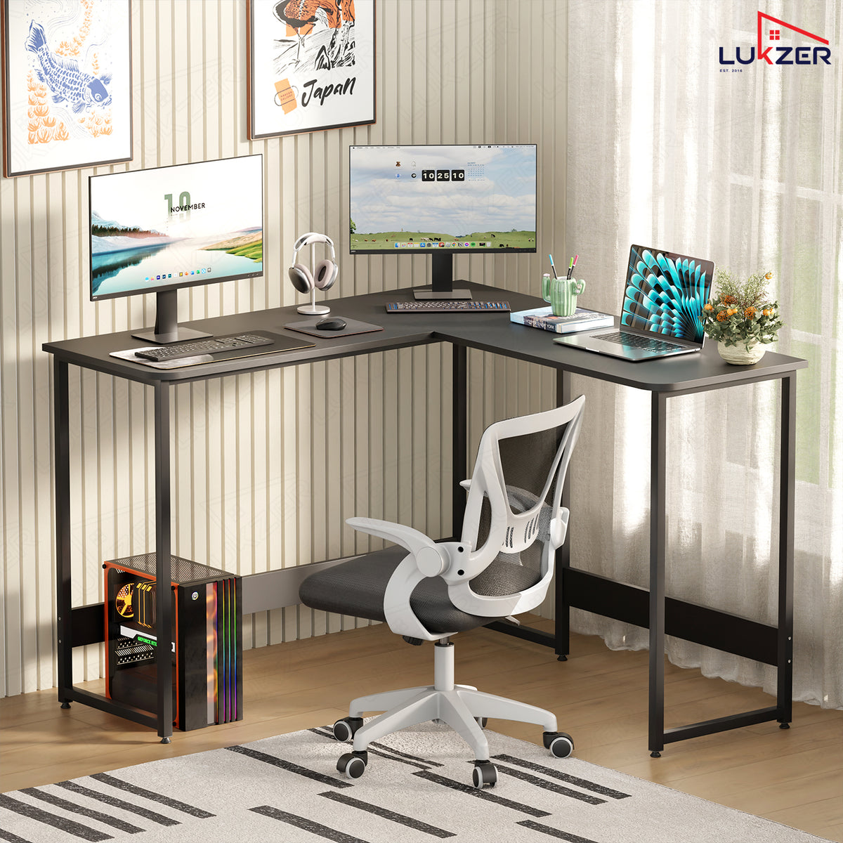 Lukzer Engineered Wood L-Shaped Corner Study and Computer Table for Home or Office (MST-007) Black & Black