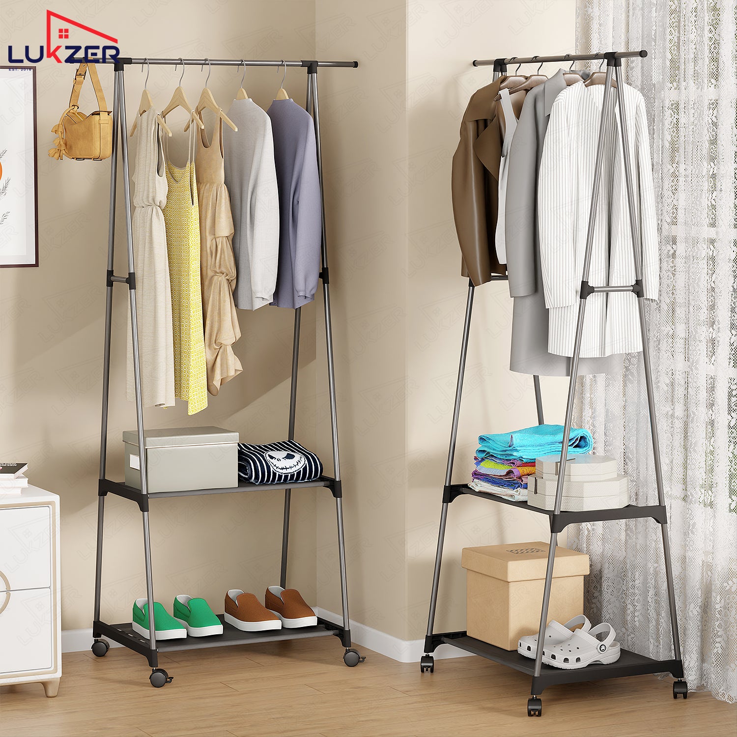 Lukzer A-Shape Garment Rack with 2 Bottom Shelves – MGR-010