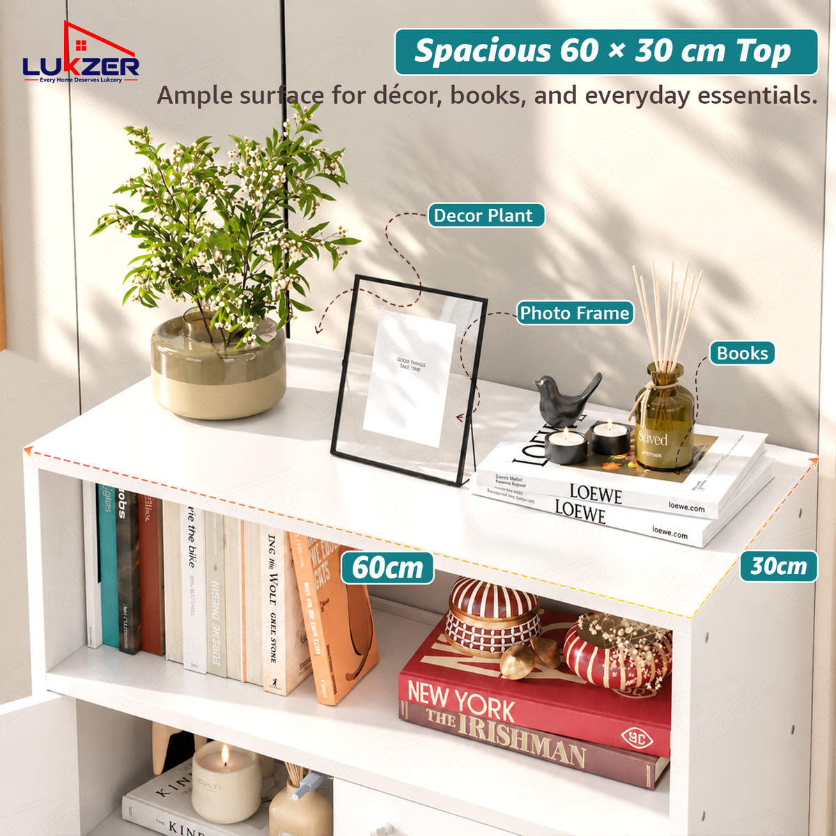 Lukzer Wooden Book Shelf & Storage Cabinet with White Doors (MR-034/White)