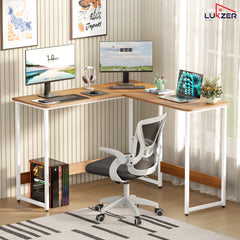 Lukzer Engineered Wood L-Shaped Corner Study and Computer Table for Home or Office (MST-007) white & Oak Brown