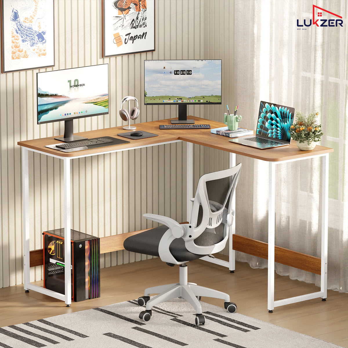 Lukzer Engineered Wood L-Shaped Corner Study and Computer Table for Home or Office (MST-007) white & Oak Brown