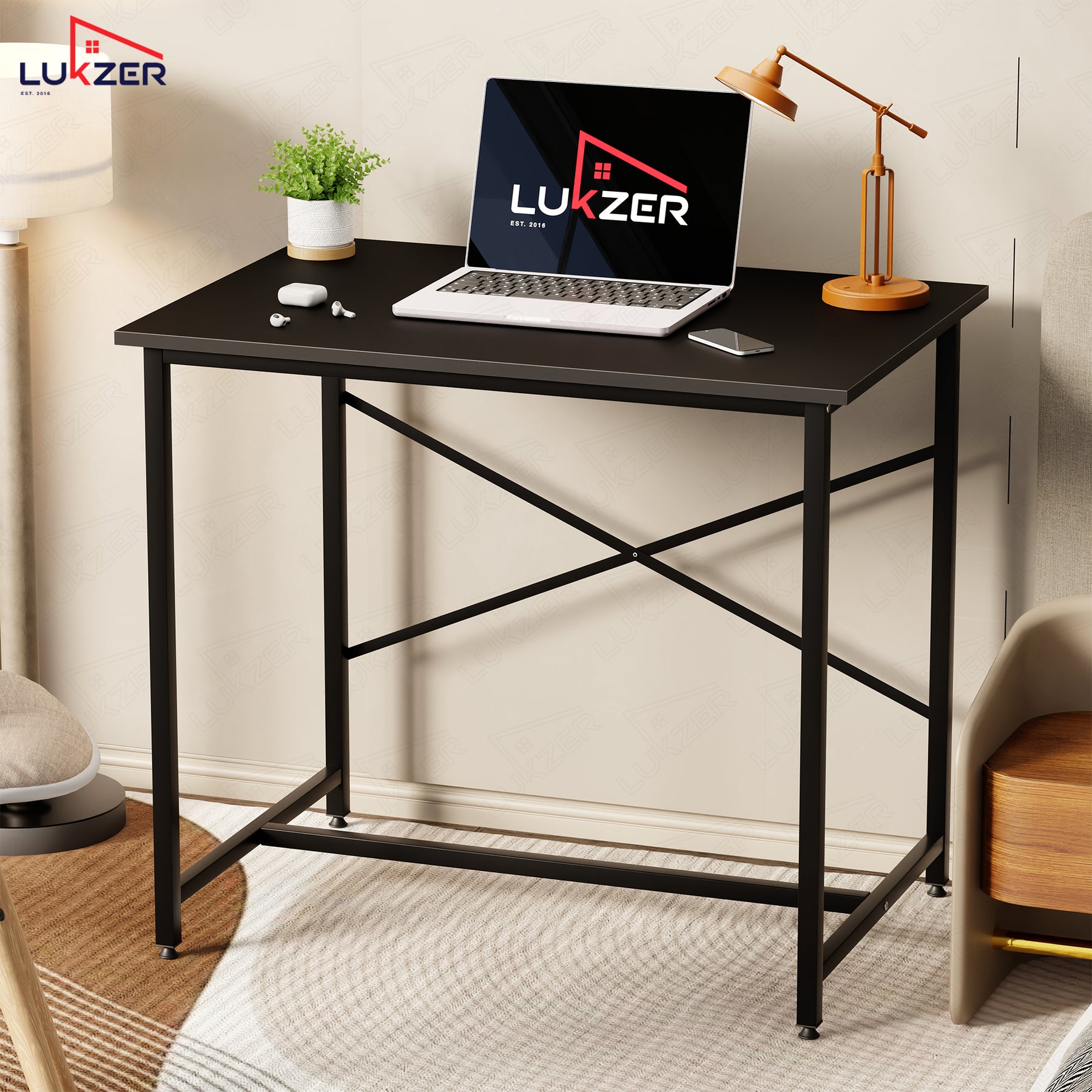 Lukzer X-Support Metal Frame & Engineered Wood Study Table for Home & Office (MST-008) Black &  Black