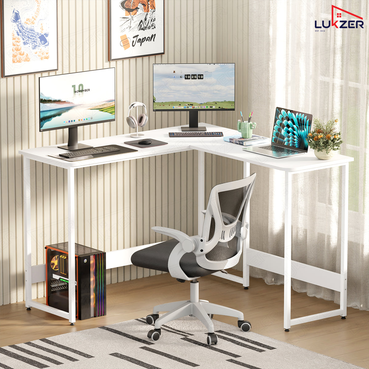Lukzer Engineered Wood L-Shaped Corner Study and Computer Table for Home or Office (MST-007) white & white