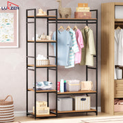 Lukzer Heavy Duty Garment Rack with 8 Shelves & Hanging Rod (MMR-004/Black & Oak Brown)