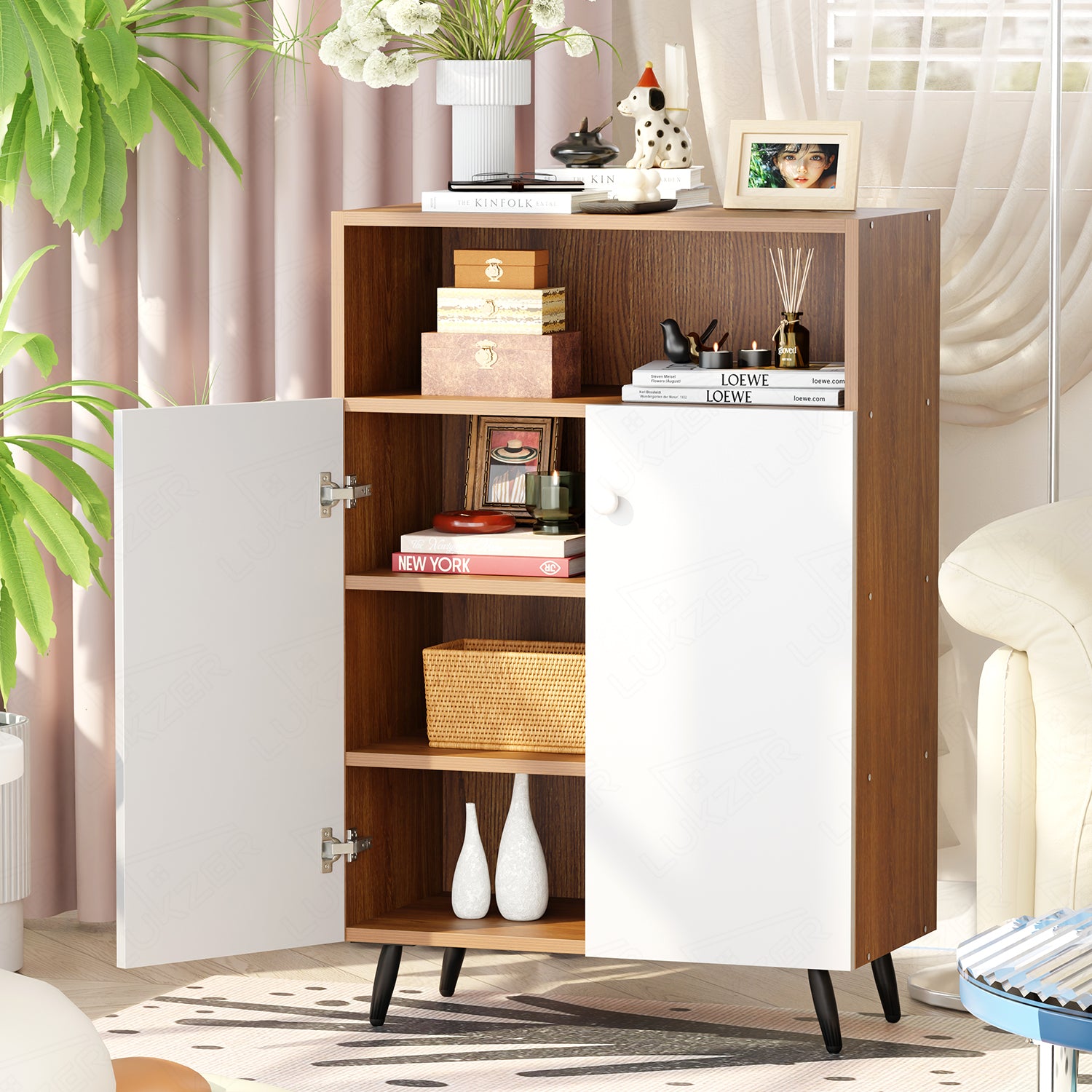 Lukzer Wooden Book Shelf & Storage Cabinet with White Doors (MR-034/Oak Brown)