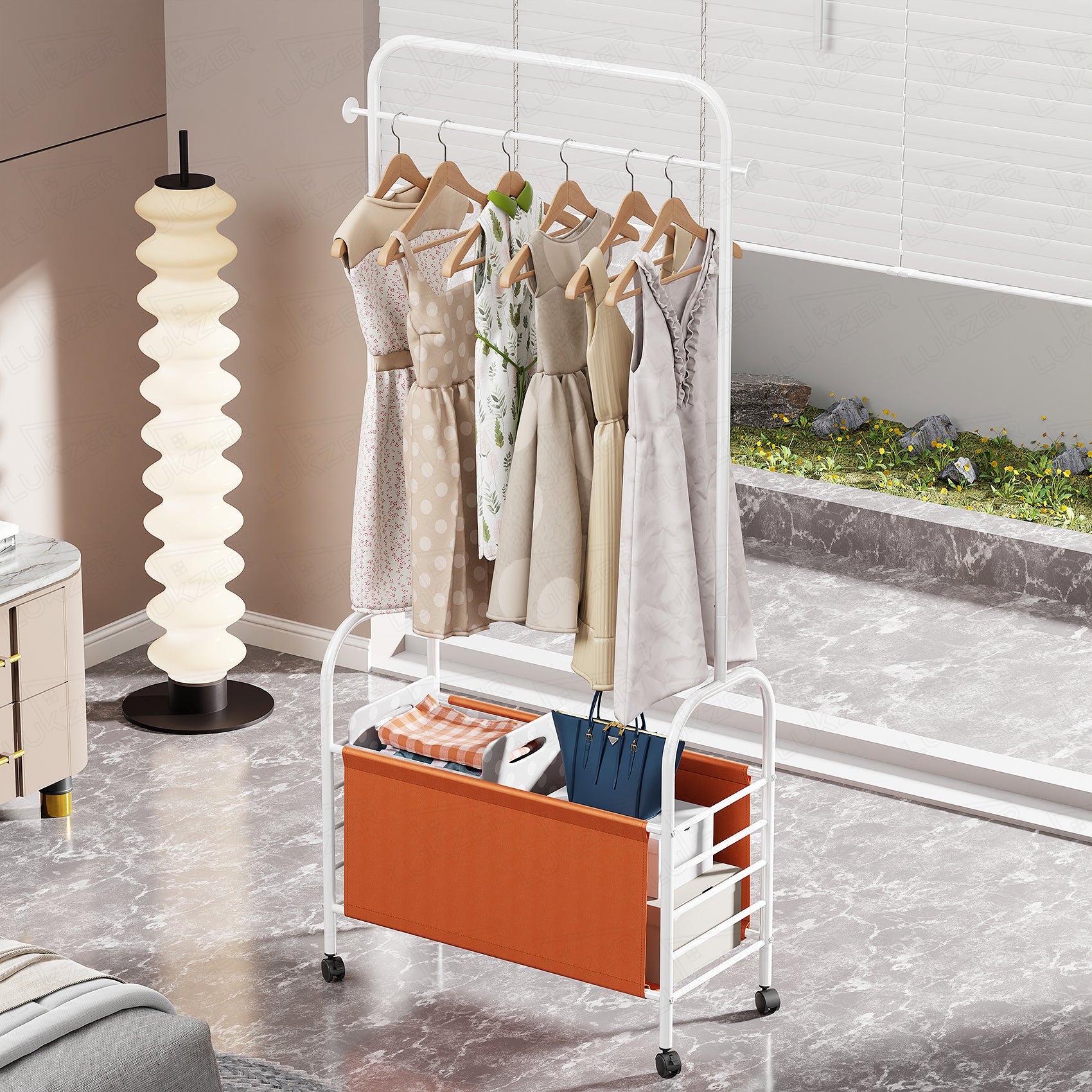 Lukzer Metal Clothes Rail Stand with 4 Side Hooks &amp; 1-Tier Leather Storage Bin, 360° Rotating Wheels | Garment Rack Organizer for Bedroom, Closet, Dorm, Laundry | MGR-009 (171 x 75 x 35)