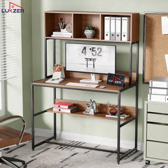 Lukzer Wooden & Metal Study Desk with 3 Storage Shelf & Open Bookshelf for Home (MST-011/Black & Oak Brown)