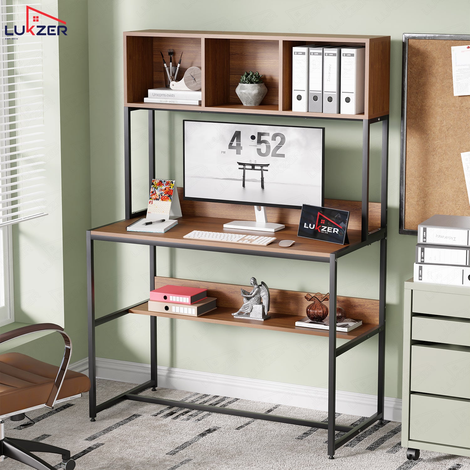Lukzer Wooden & Metal Study Desk with 3 Storage Shelf & Open Bookshelf for Home (MST-011/Black & Oak Brown)