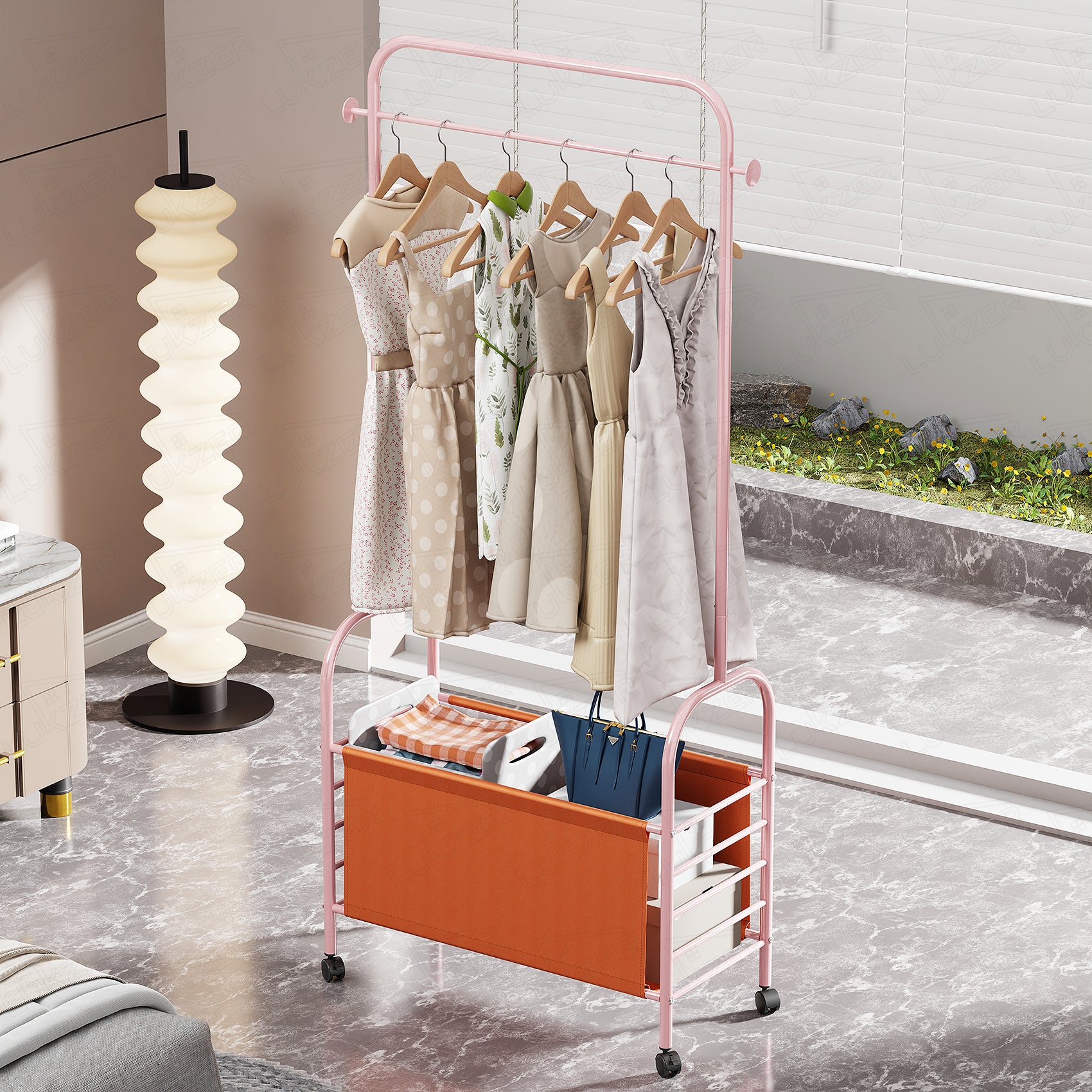 Lukzer Metal Clothes Rail Stand with 4 Side Hooks &amp; 1-Tier Leather Storage Bin, 360° Rotating Wheels | Garment Rack Organizer for Bedroom, Closet, Dorm, Laundry | MGR-009 (171 x 75 x 35)
