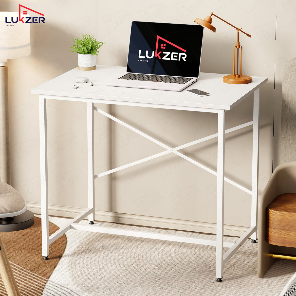 Lukzer X-Support Metal Frame & Engineered Wood Study Table for Home & Office (MST-008) white & white