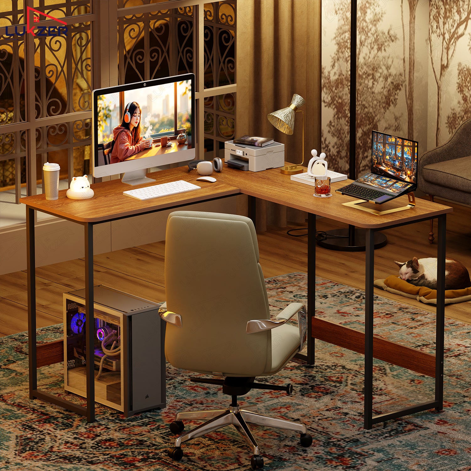 Lukzer Engineered Wood L-Shaped Corner Study and Computer Table for Home or Office (MST-007) Black & Oak Brown