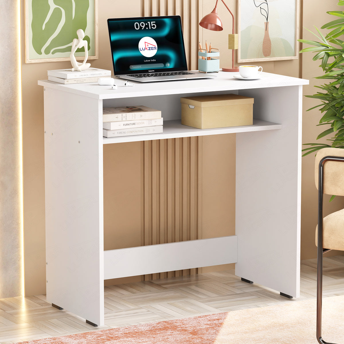 Lukzer Engineered Wood Study Table with Bookshelf (ST-002/White)