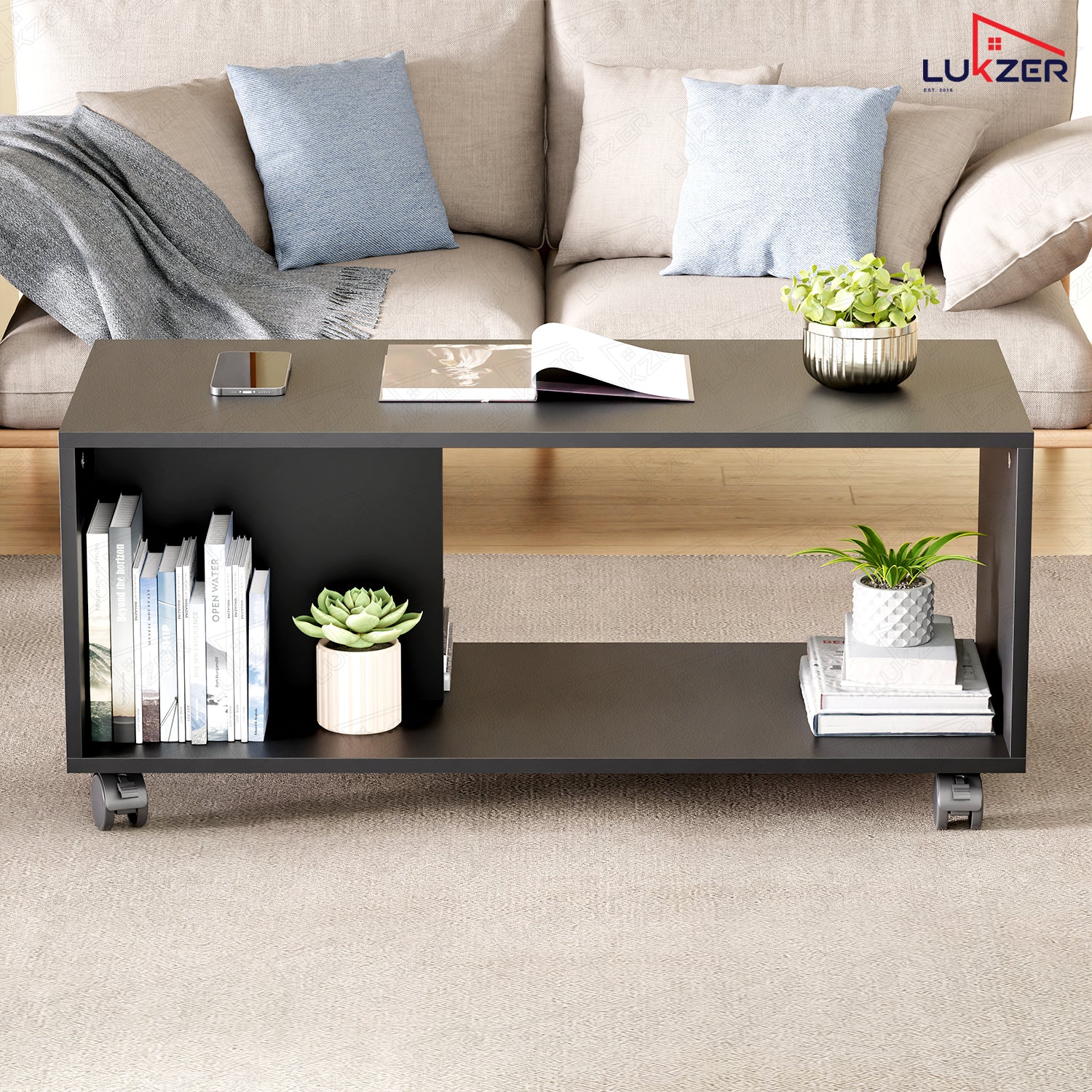 Lukzer Engineered Wood Center Table with Wheels Open Storage Desk (CT-003/Black)