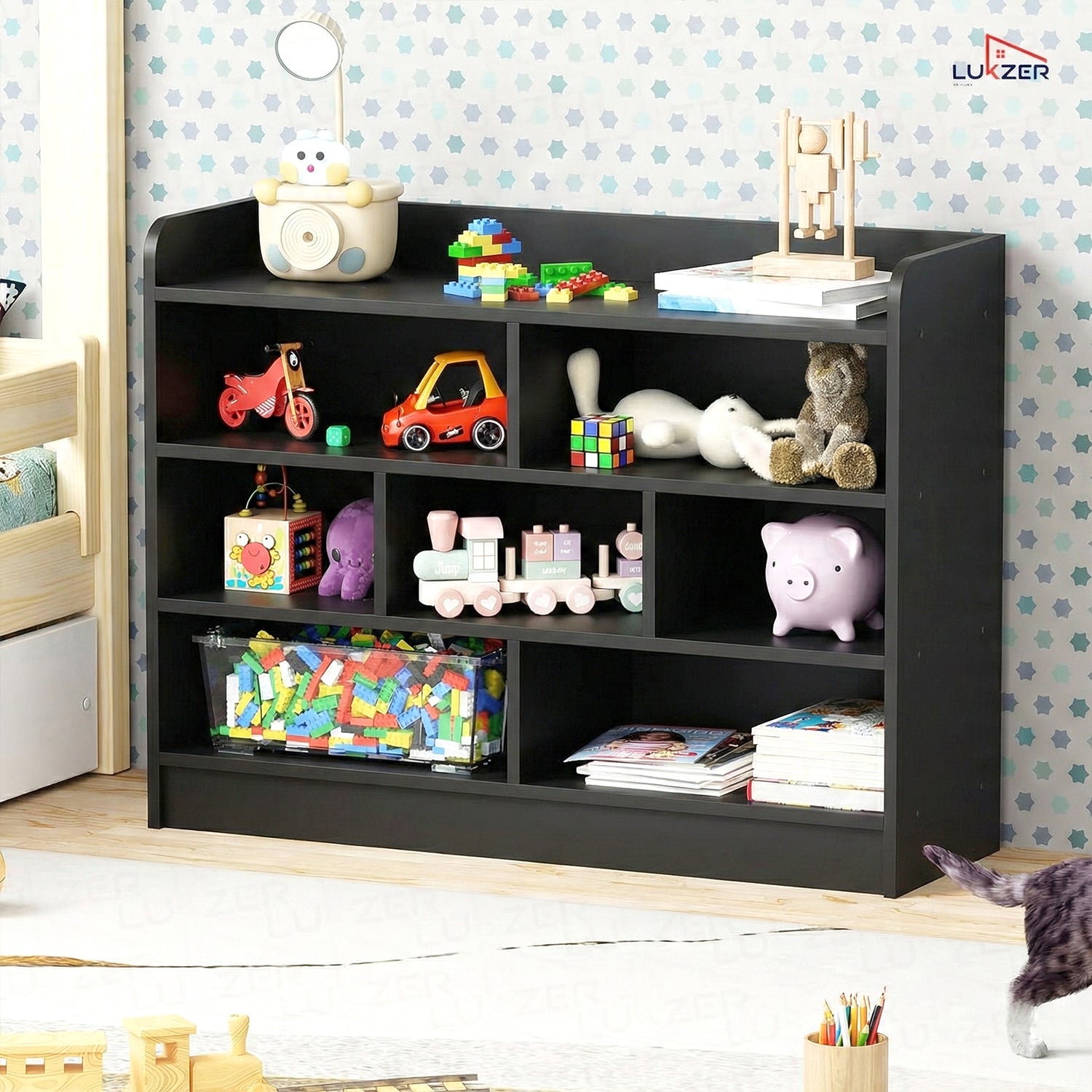 Lukzer Multipurpose 7-Section Storage Rack with 4 Shelves Bookcase Unit (MR-008/Black)