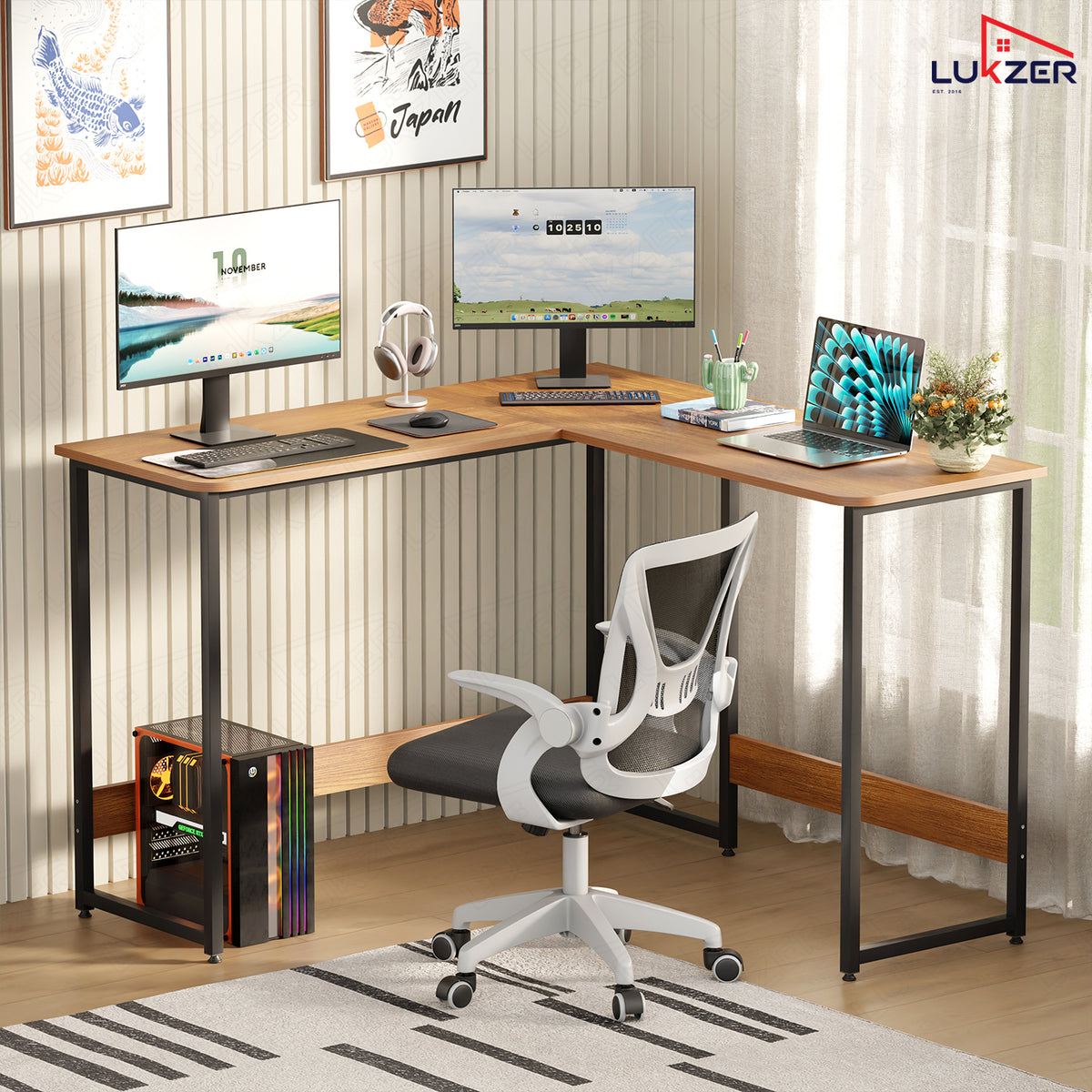 Lukzer Engineered Wood L-Shaped Corner Study and Computer Table for Home or Office (MST-007) Black & Oak Brown