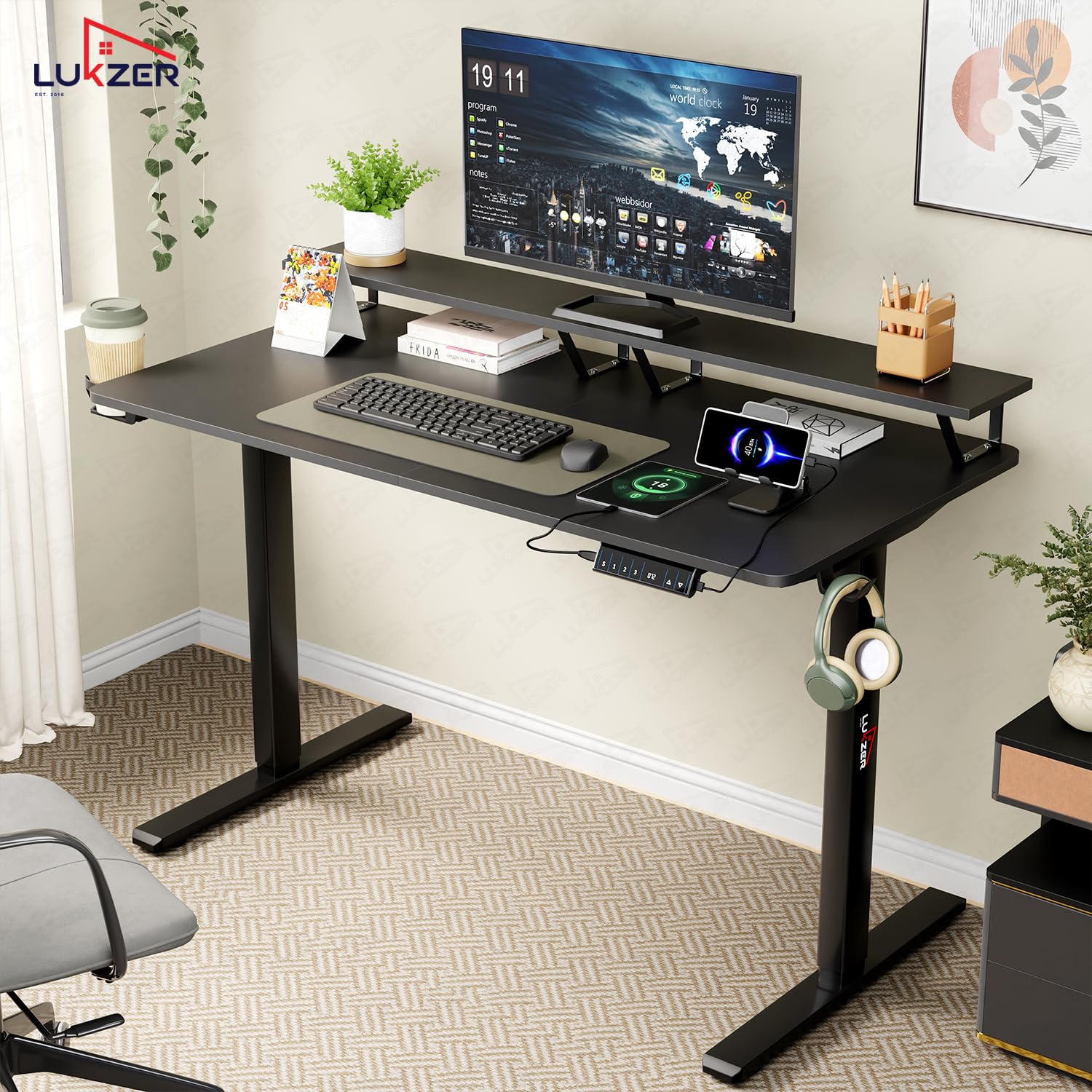 Lukzer Electric Height Adjustable Desk with Monitor Riser USB & Type-C Sit-Stand Table (EST-004-UC/Black & Black) 3-Years Warranty