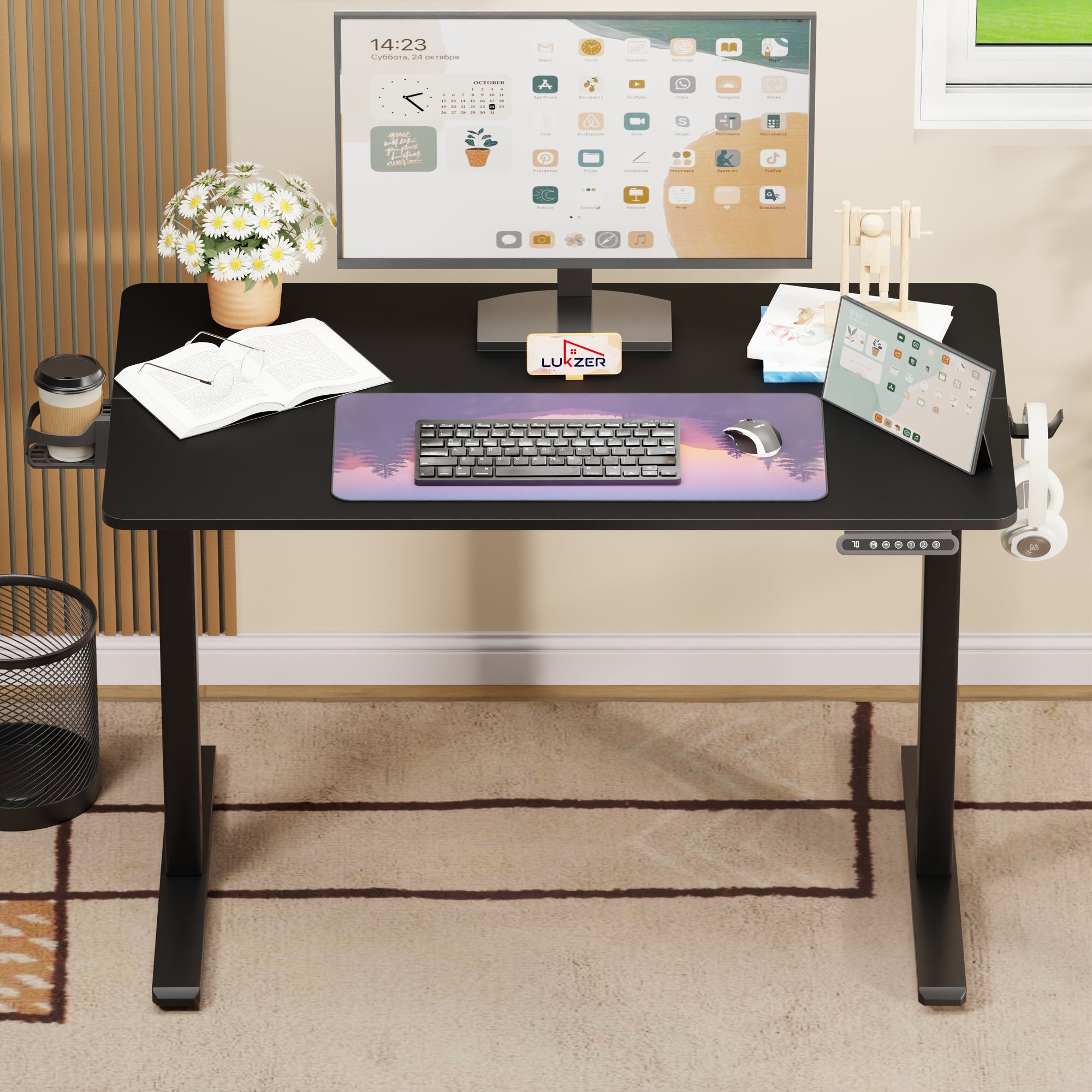 Lukzer Electric Automatic Height Adjustable Sit Stand Desk for Home &amp; Office | EST - 003 | (Black &amp; Oak Brown/Black &amp; Light Oak/Black &amp; Black/White &amp; White/White &amp; Oak Light/White &amp; Oak Brown)