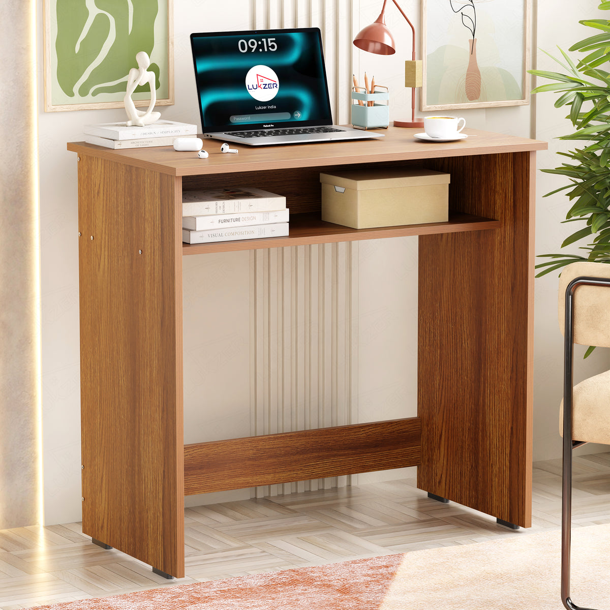 Lukzer Engineered Wood Study Table with Bookshelf (ST-002/Oak Brown)