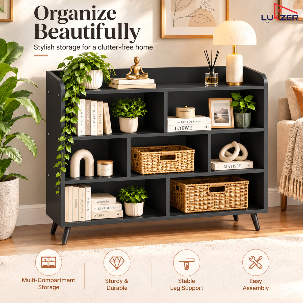 Lukzer 7-Section Engineered Wood Book Shelf with Legs (MR-008L)