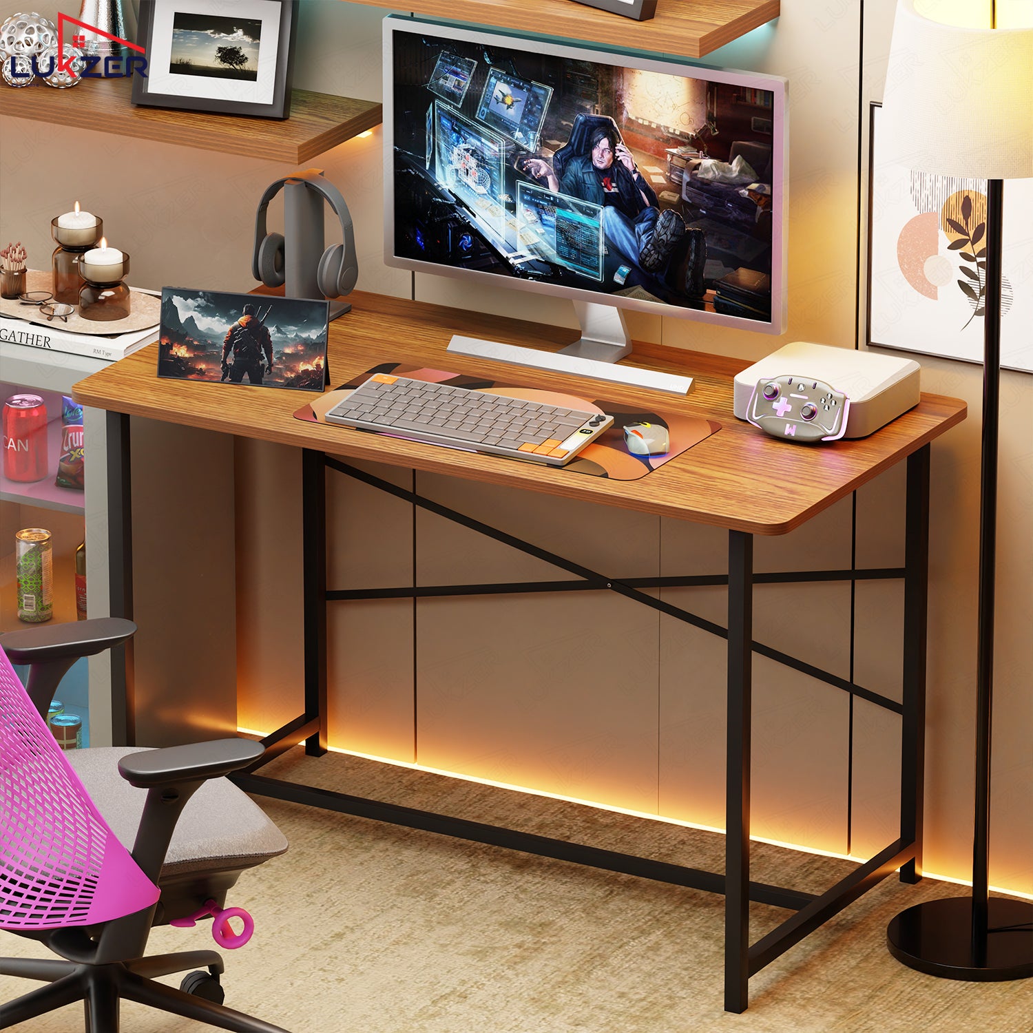 Lukzer Engineered Wood Study Table with X-Support Metal Frame & Adjustable Footpad (MST-009/Black & Oak Brown)