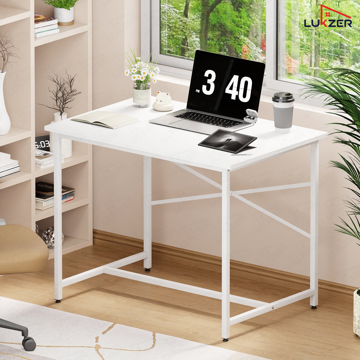 Lukzer X-Support Metal Frame & Engineered Wood Study Table for Home & Office (MST-008) white & white