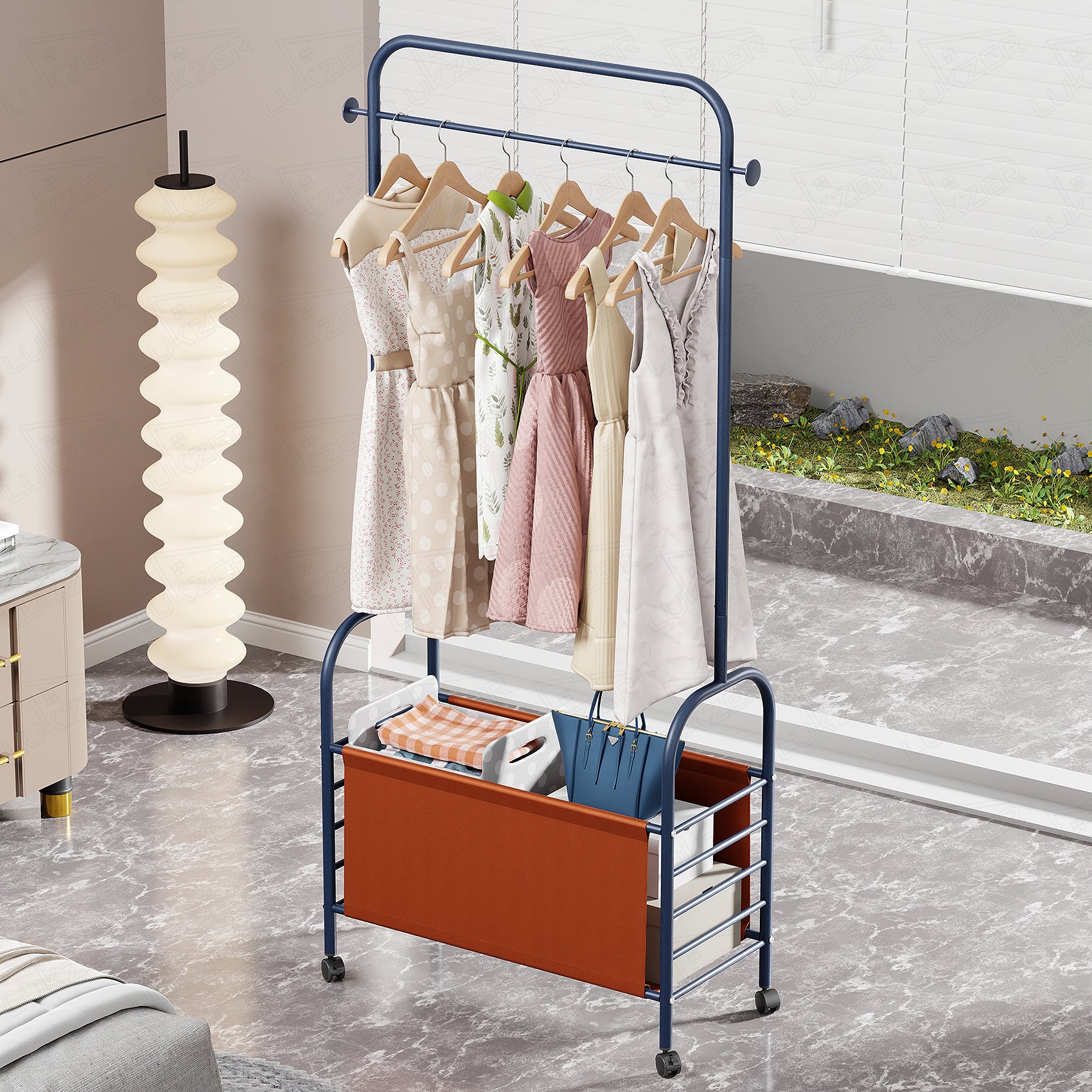 Lukzer Metal Clothes Rail Stand with 4 Side Hooks &amp; 1-Tier Leather Storage Bin, 360° Rotating Wheels | Garment Rack Organizer for Bedroom, Closet, Dorm, Laundry | MGR-009 (171 x 75 x 35)