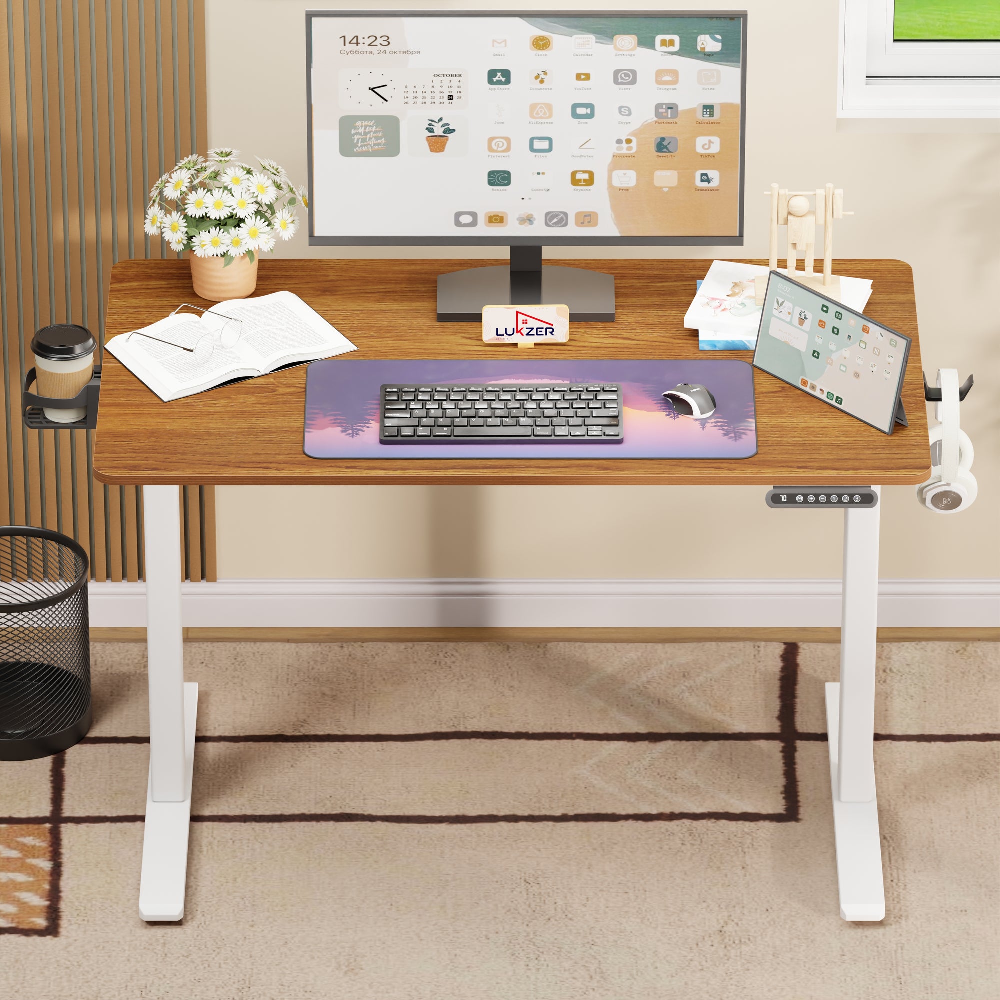 Lukzer Electric Automatic Height Adjustable Sit Stand Desk for Home &amp; Office | EST - 003 | (Black &amp; Oak Brown/Black &amp; Light Oak/Black &amp; Black/White &amp; White/White &amp; Oak Light/White &amp; Oak Brown)