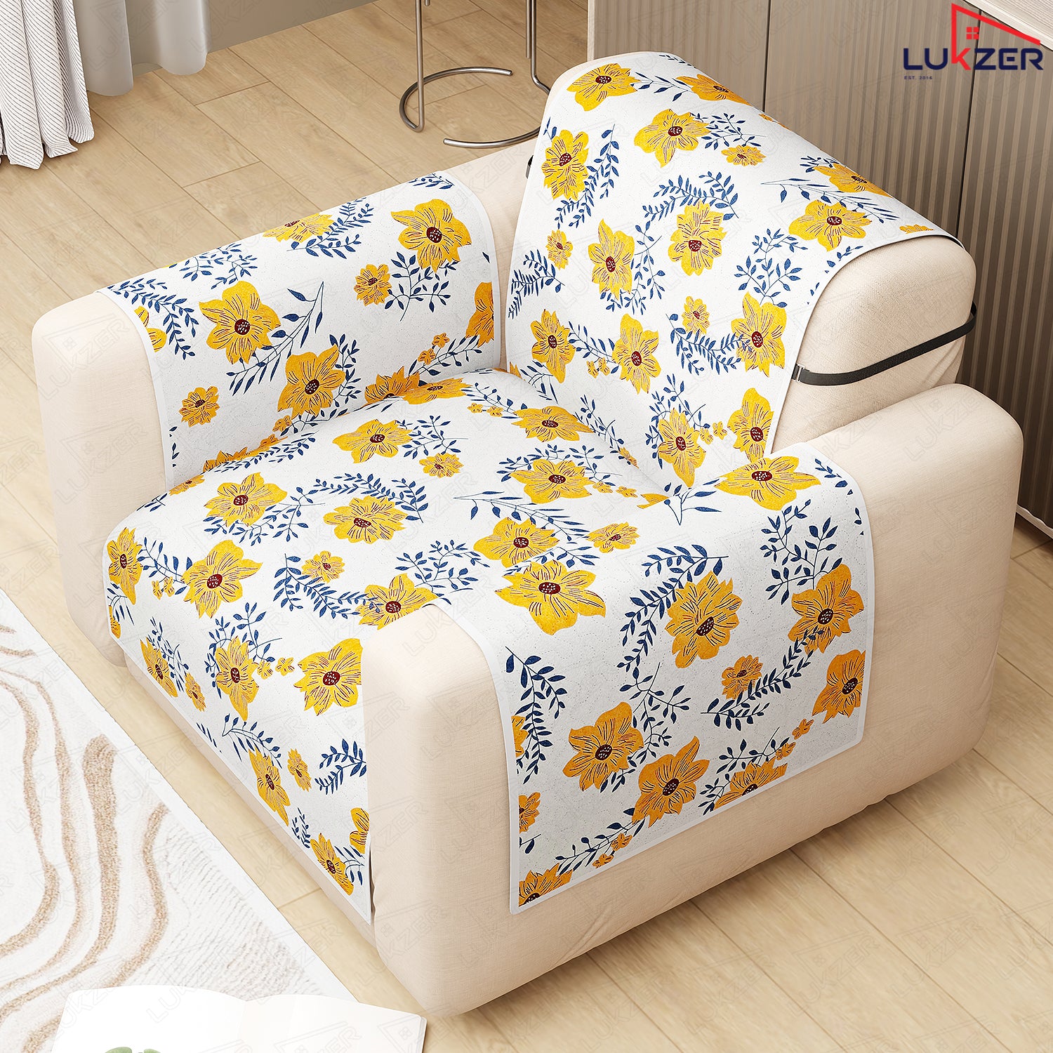Lukzer Quilted Reversible Sofa Cover Mat with Arms | Polyester Blend 350 GSM Full Coverage &amp; Back Belt for Stability | Washable Furniture Protector.