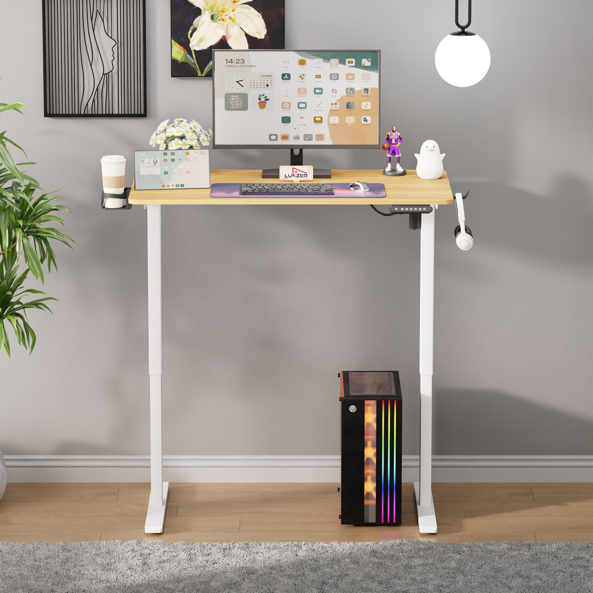 Lukzer Electric Automatic Height Adjustable Sit Stand Desk for Home &amp; Office | EST - 003 | (Black &amp; Oak Brown/Black &amp; Light Oak/Black &amp; Black/White &amp; White/White &amp; Oak Light/White &amp; Oak Brown)