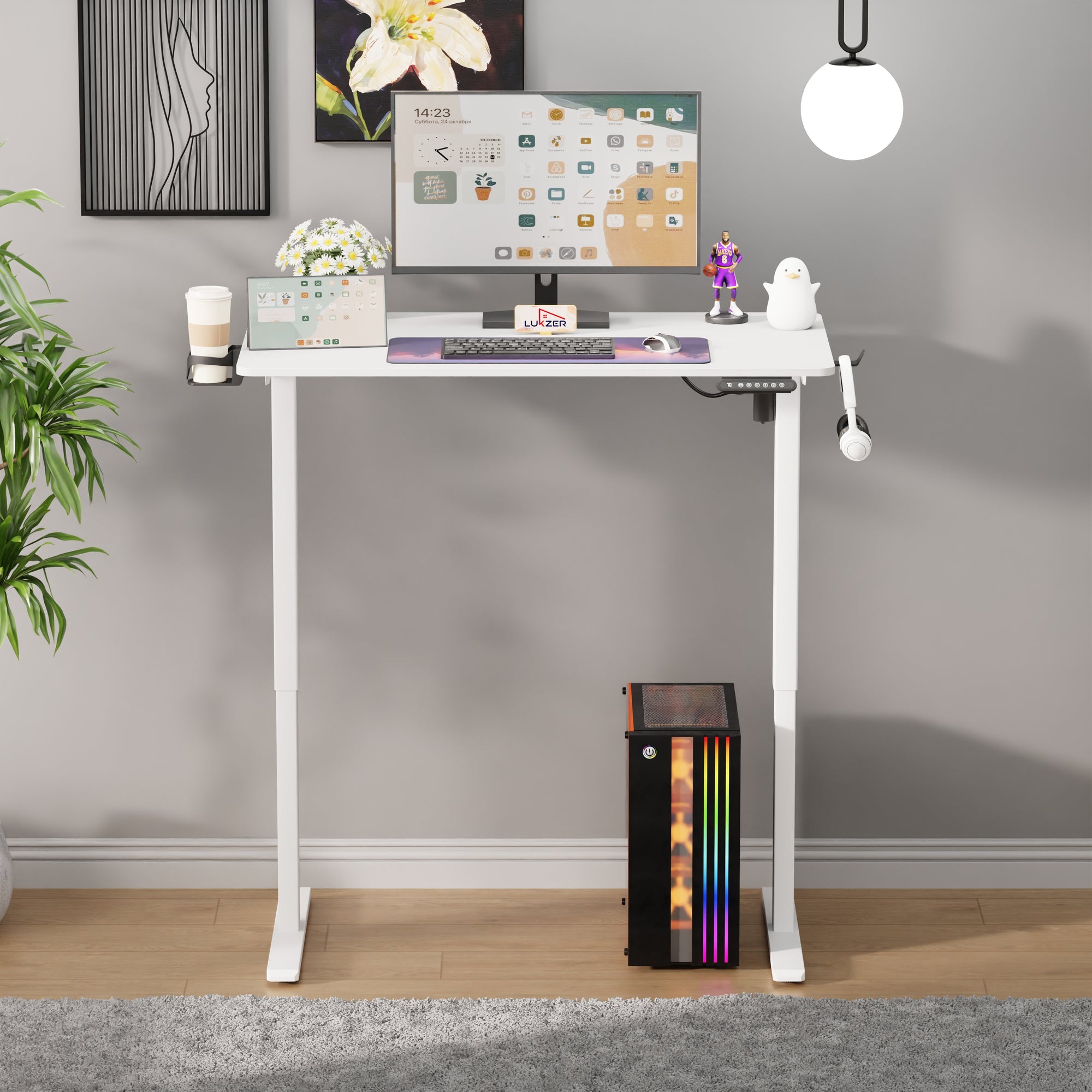 Lukzer Electric Automatic Height Adjustable Sit Stand Desk for Home &amp; Office | EST - 003 | (Black &amp; Oak Brown/Black &amp; Light Oak/Black &amp; Black/White &amp; White/White &amp; Oak Light/White &amp; Oak Brown)