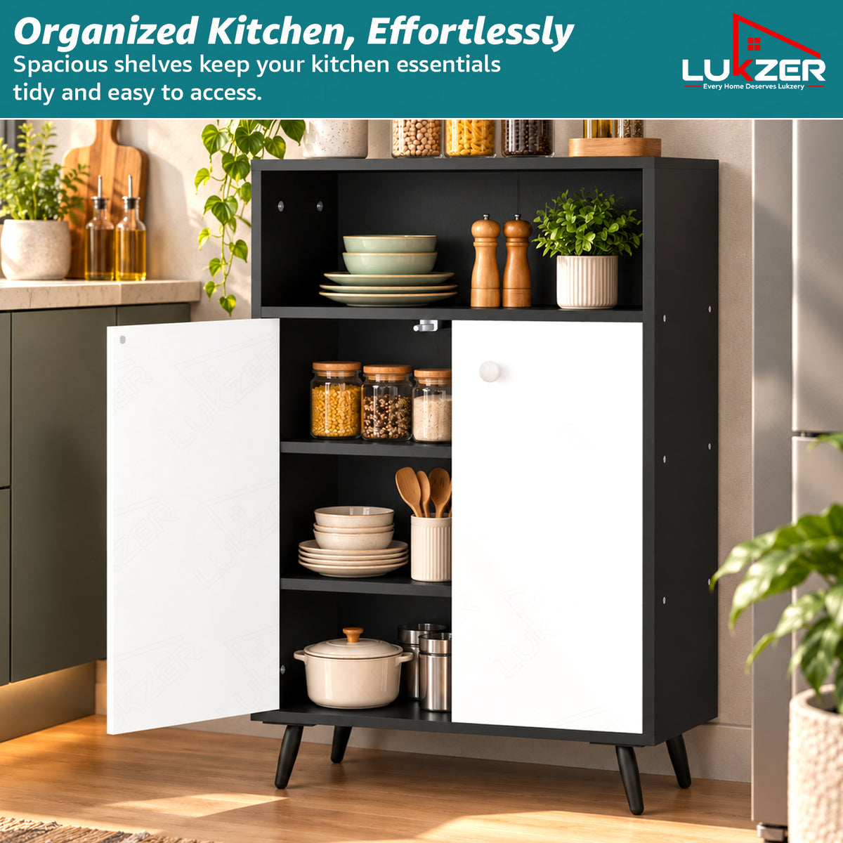 Lukzer Wooden Book Shelf & Storage Cabinet with White Doors (MR-034/Black)