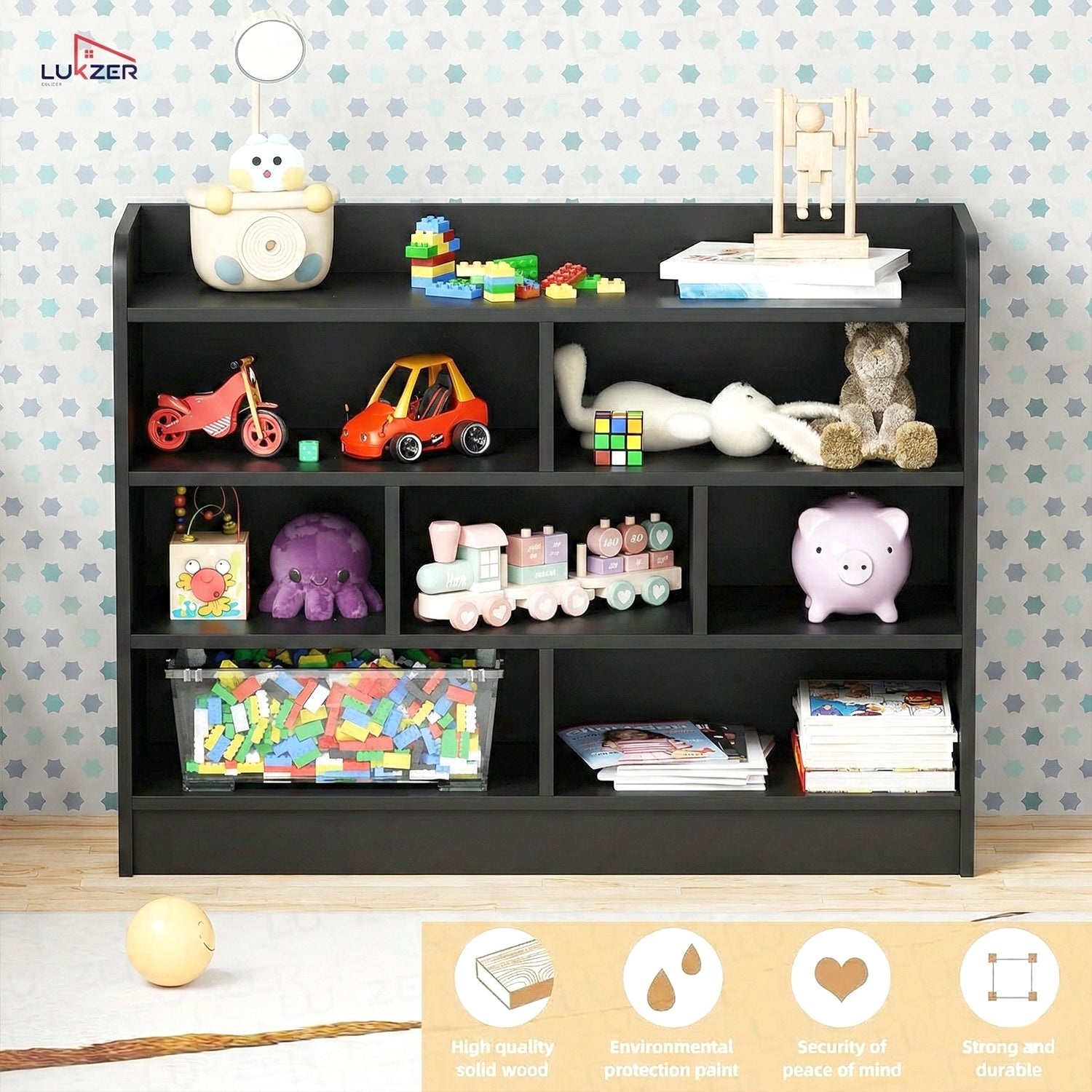 Lukzer Multipurpose 7-Section Storage Rack with 4 Shelves Bookcase Unit (MR-008/Black)