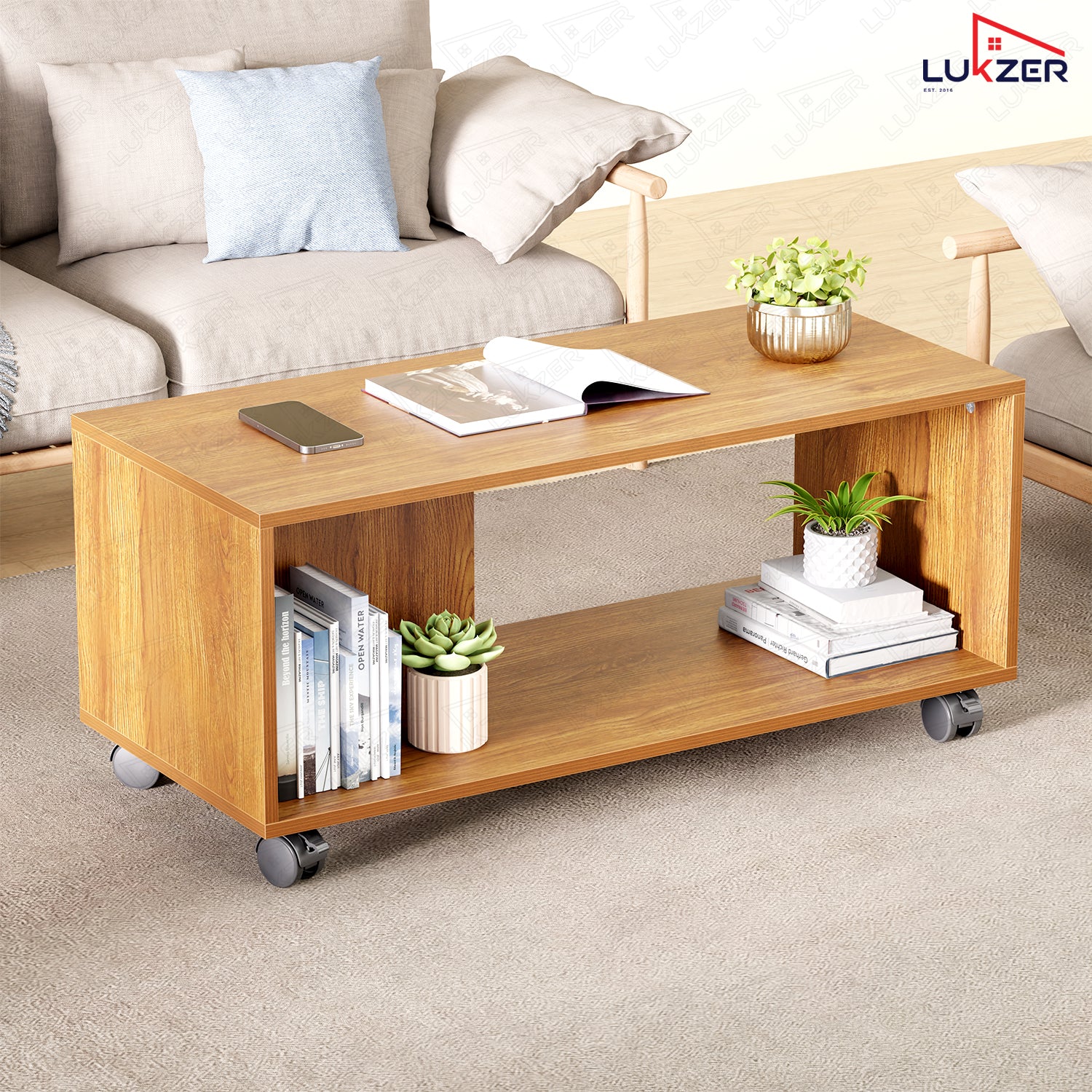 Lukzer Engineered Wood Center Table with Wheels Open Storage Desk (CT-003/Oak Brown)