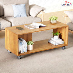 Lukzer Engineered Wood Center Table with Wheels Open Storage Desk (CT-003/Oak Brown)