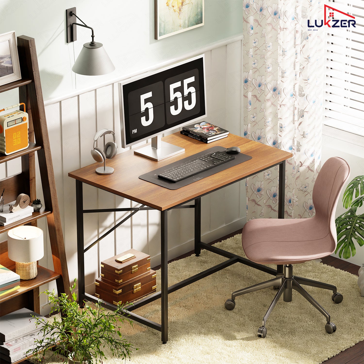 Lukzer X-Support Metal Frame & Engineered Wood Study Table for Home & Office (MST-008) Black &  Oak Brown