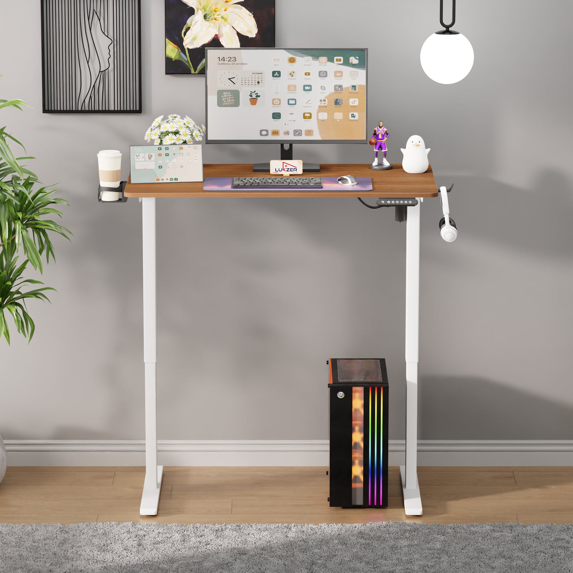 Lukzer Electric Automatic Height Adjustable Sit Stand Desk for Home &amp; Office | EST - 003 | (Black &amp; Oak Brown/Black &amp; Light Oak/Black &amp; Black/White &amp; White/White &amp; Oak Light/White &amp; Oak Brown)