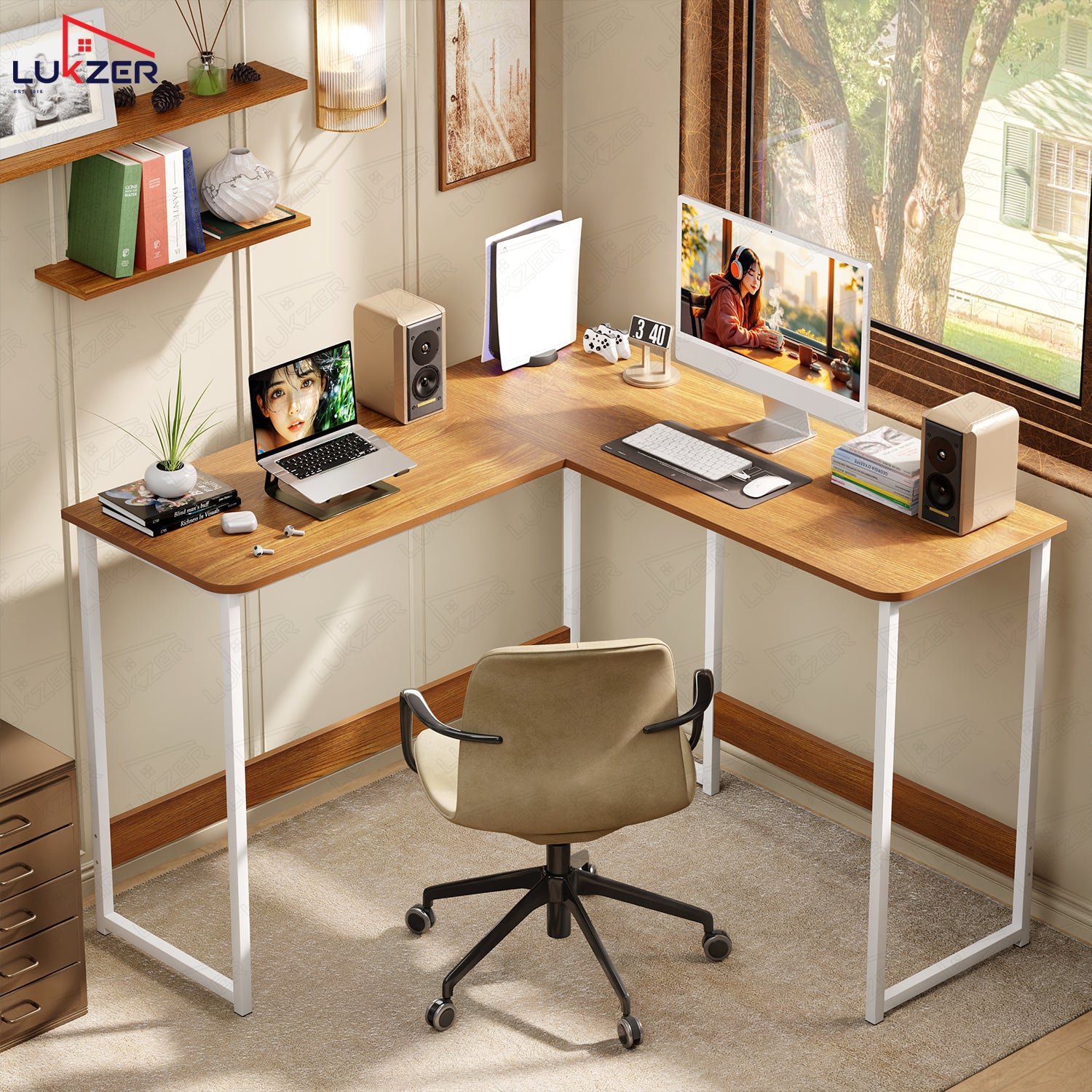 Lukzer Engineered Wood L-Shaped Corner Study and Computer Table for Home or Office (MST-007) white & Oak Brown