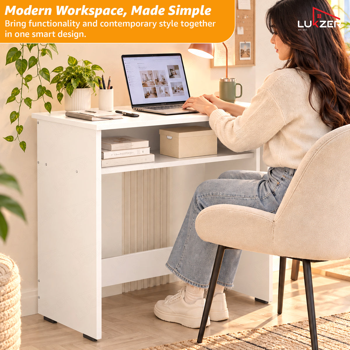 Lukzer Engineered Wood Study Table with Bookshelf (ST-002/White)