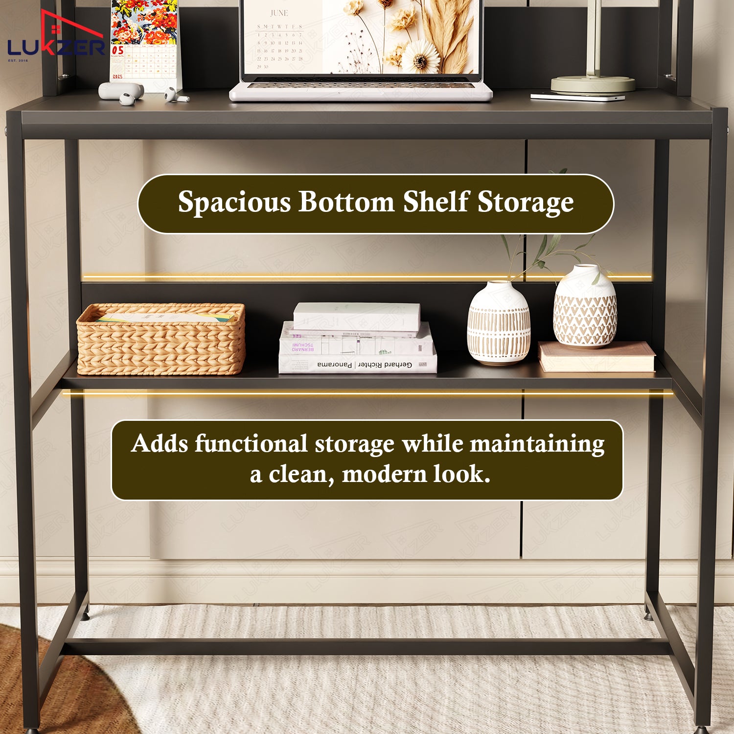 Lukzer Modern Study Table with Open Bookshelf & Hutch (MST-010/Black & Black)
