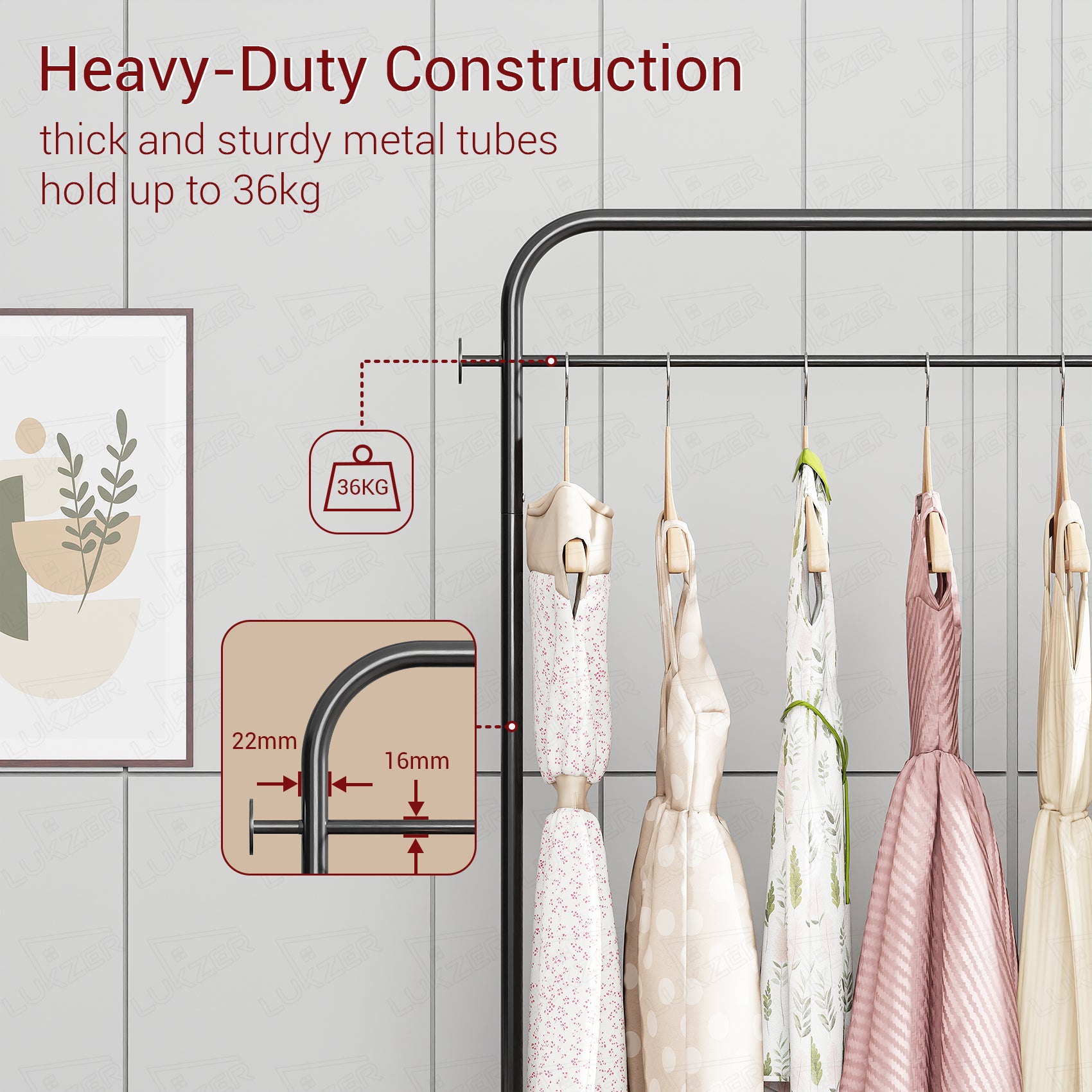 Lukzer Metal Clothes Rail Stand with 4 Side Hooks &amp; 1-Tier Leather Storage Bin, 360° Rotating Wheels | Garment Rack Organizer for Bedroom, Closet, Dorm, Laundry | MGR-009 (171 x 75 x 35)