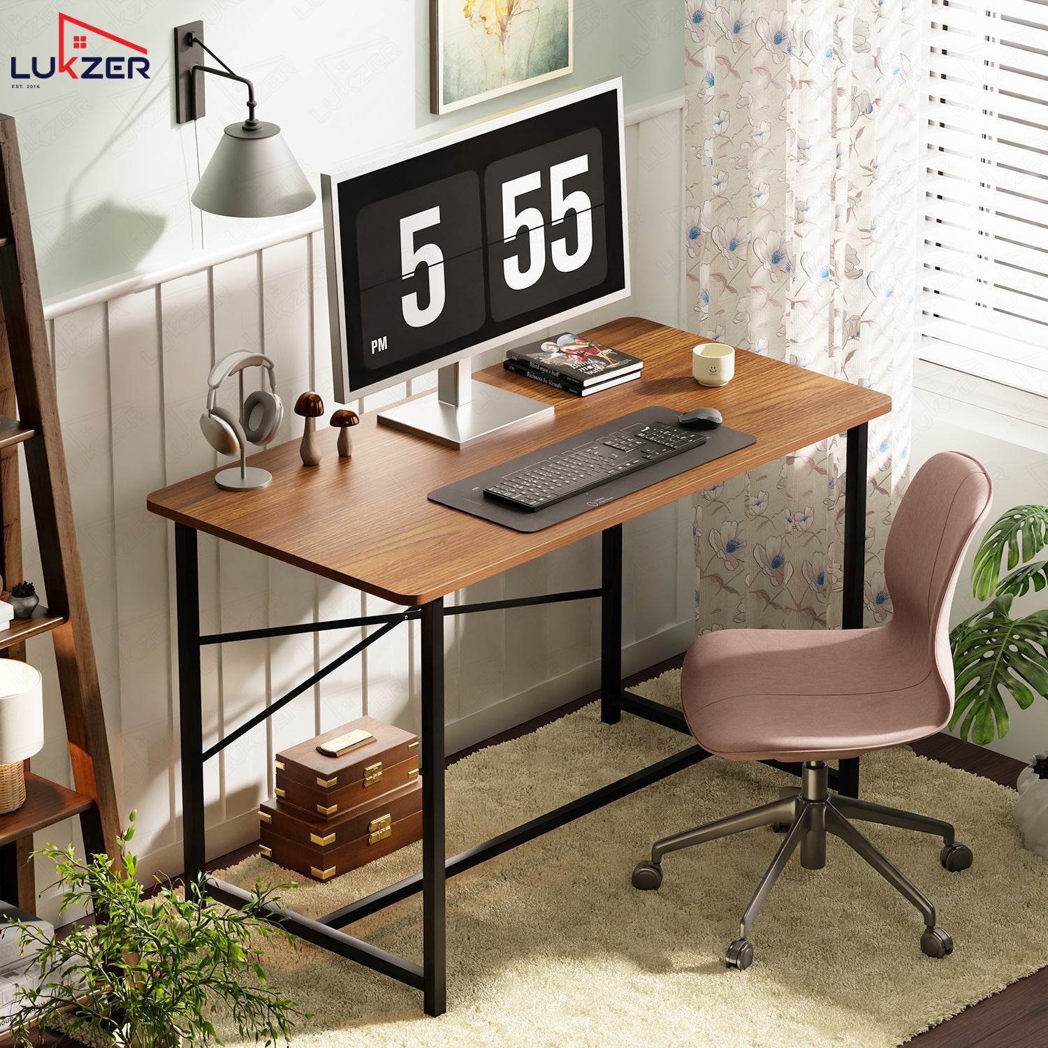 Lukzer Engineered Wood Study Table with X-Support Metal Frame & Adjustable Footpad (MST-009/Black & Oak Brown)