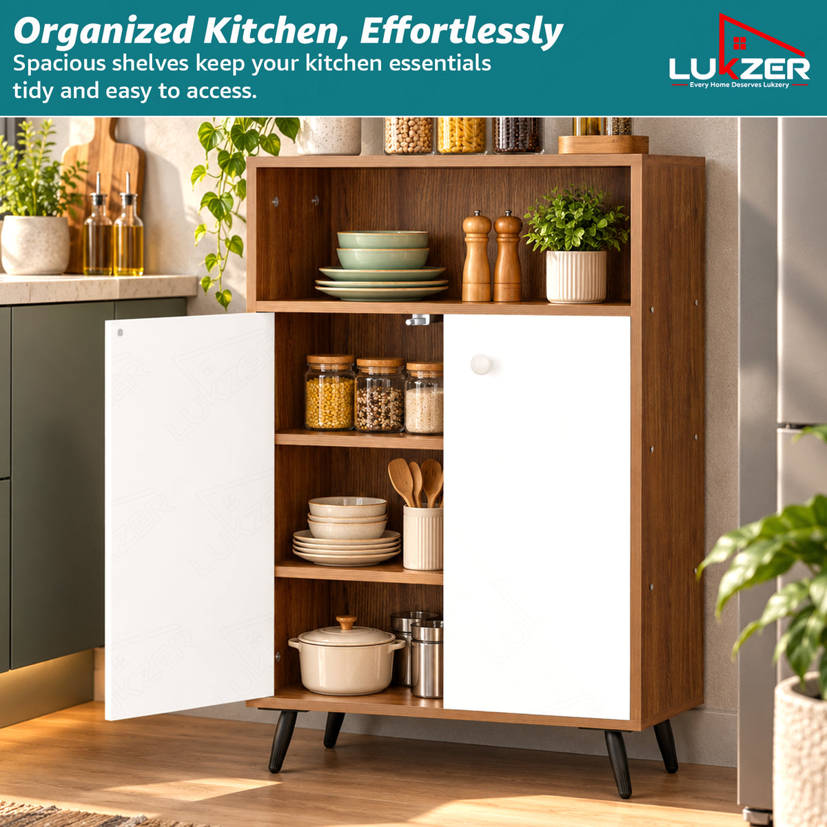 Lukzer Wooden Book Shelf & Storage Cabinet with White Doors (MR-034/Oak Brown)