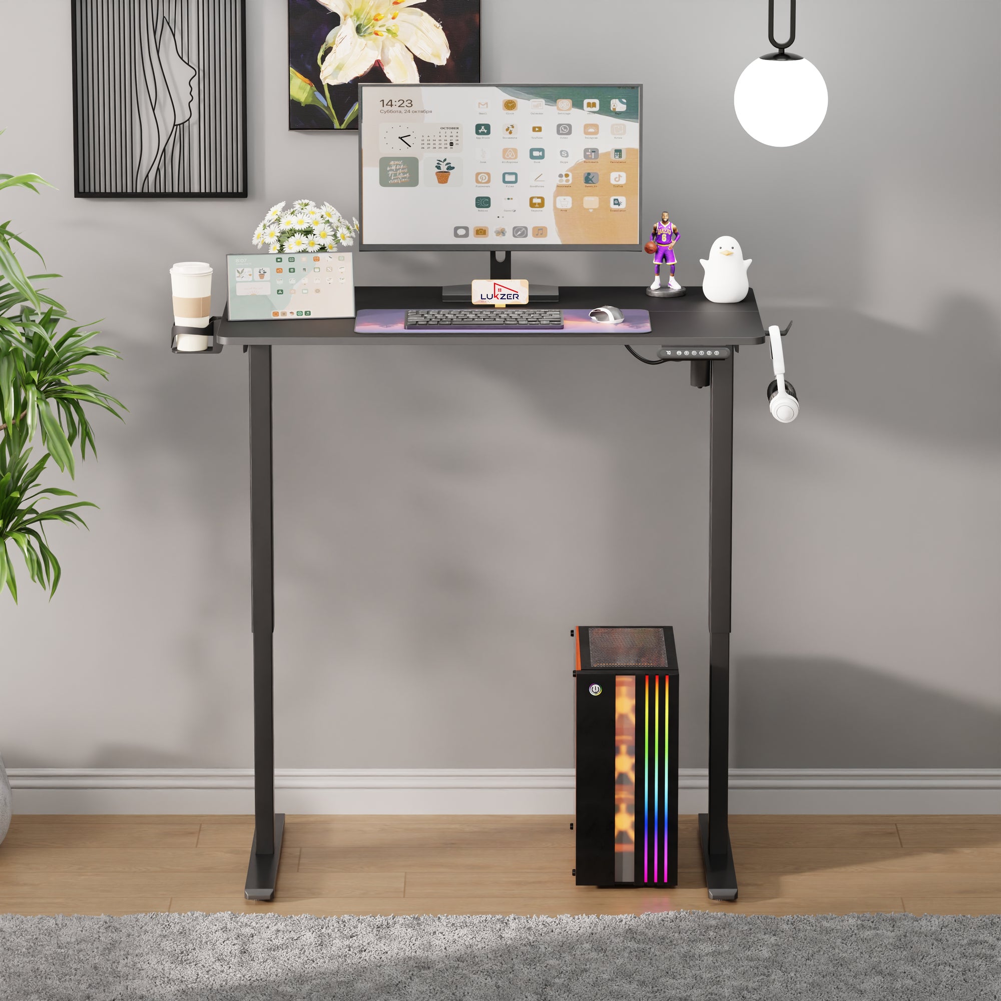 Lukzer Electric Automatic Height Adjustable Sit Stand Desk for Home &amp; Office | EST - 003 | (Black &amp; Oak Brown/Black &amp; Light Oak/Black &amp; Black/White &amp; White/White &amp; Oak Light/White &amp; Oak Brown)