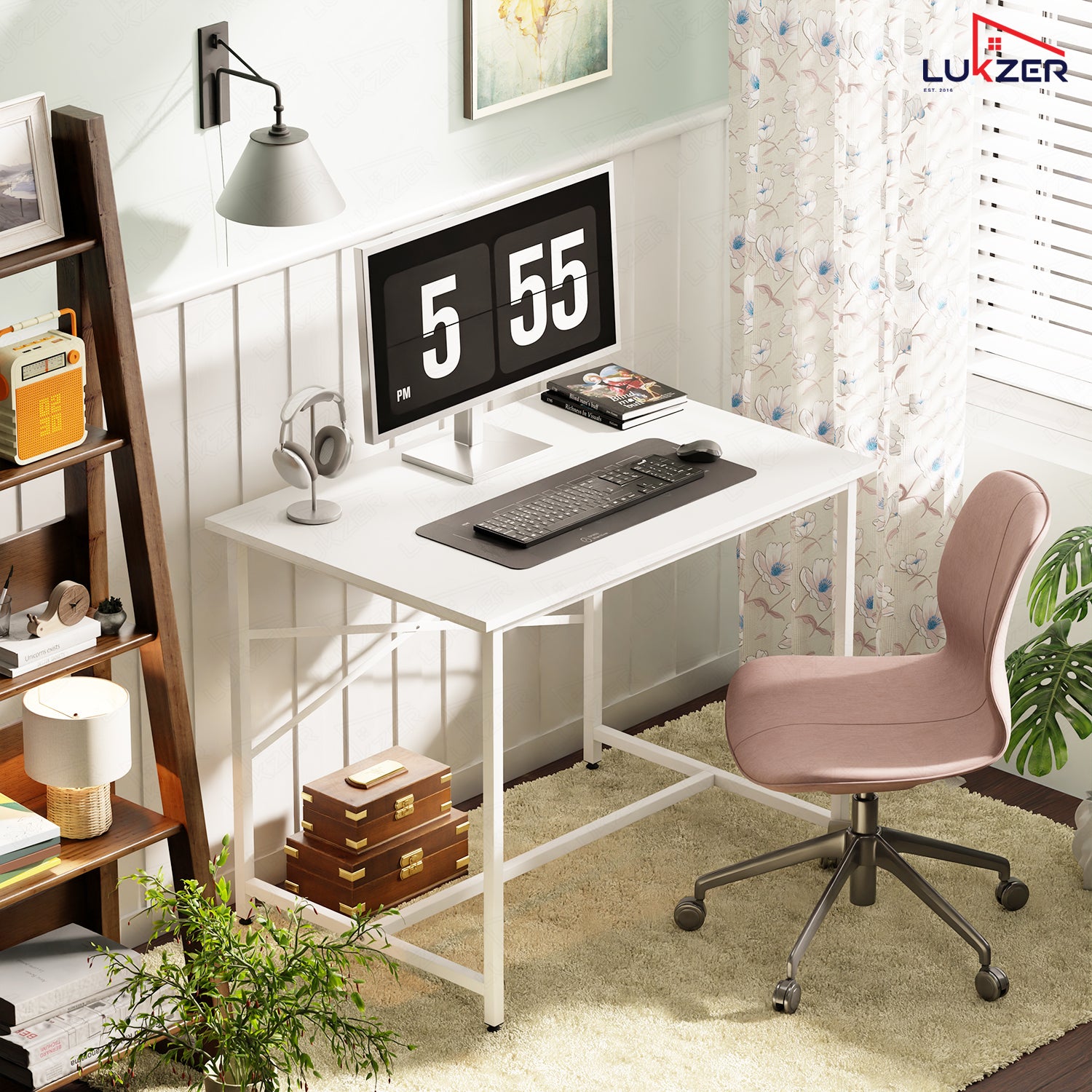 Lukzer X-Support Metal Frame & Engineered Wood Study Table for Home & Office (MST-008) white & white