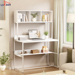 Lukzer Wooden & Metal Study Desk with 3 Storage Shelf & Open Bookshelf for Home (MST-011/White & White)
